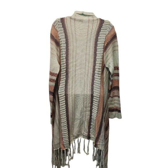 NWT Demanding Boho Striped Fringe Knit Cardigan Sweater Sz Lg Long Open Front - Picture 4 of 10